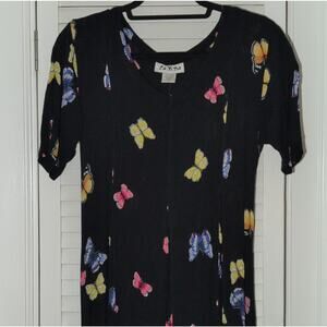 La D Da Black Butterfly Print Maxi Dress Tie Waist Rayon Short Sleeve Size S